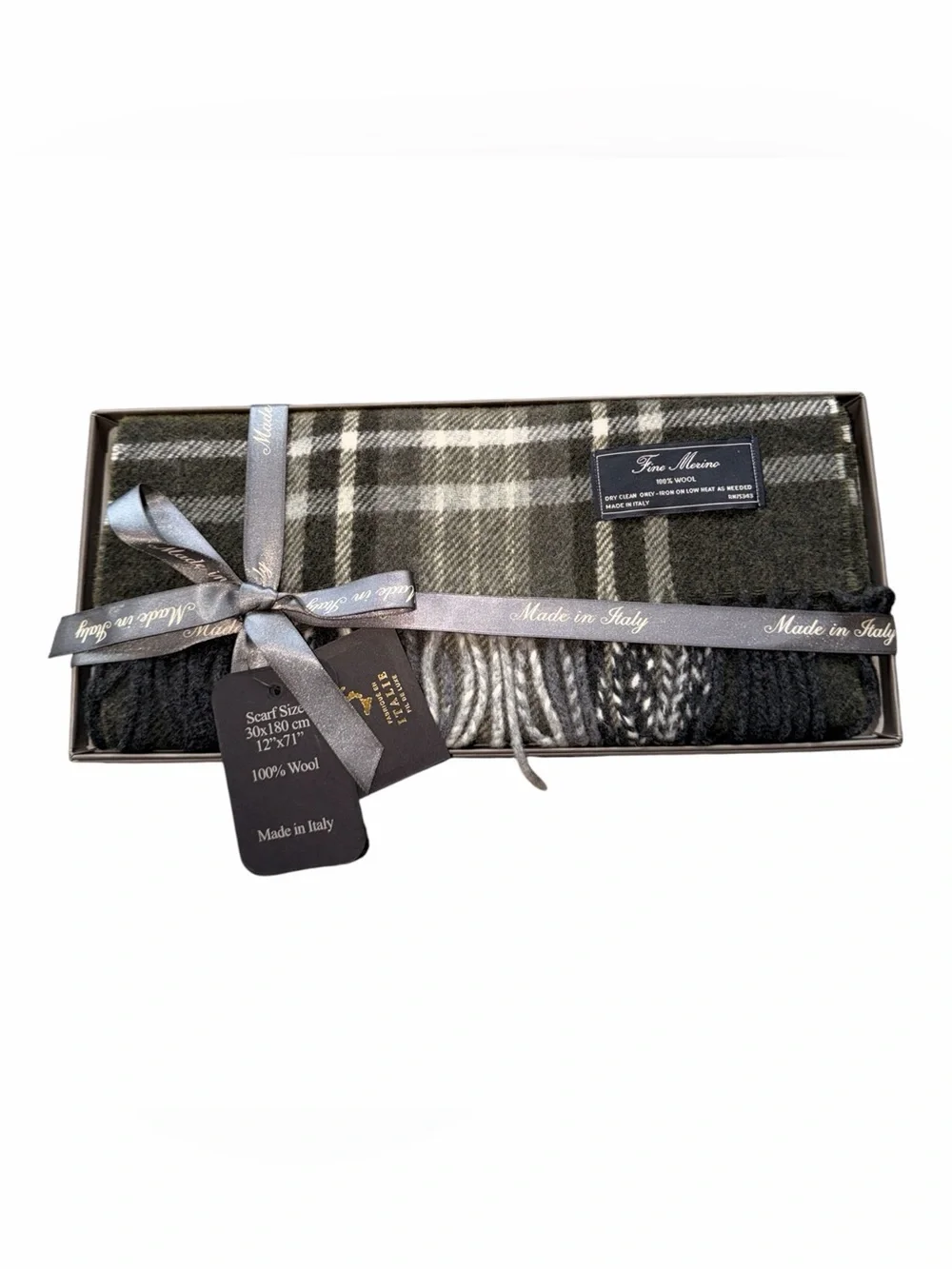 NWT NIB Men’s Fine Merino 100% Wool Green Plaid Scarf Made in Italy
